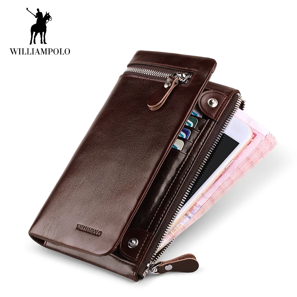 

WilliamPOLO Wallet Leather Luxury Brand Men Zipper Wallets Long Men Purse Clutch Business Wallets