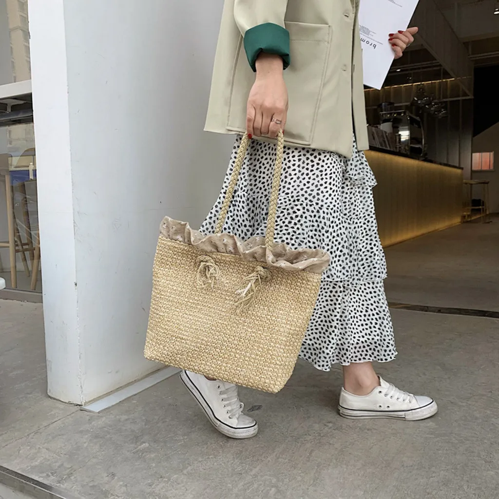 Сумка Новая мода женская летняя Печать Drawstring соломенная сумка Мешковина квадратная сумка пляжная сумка через плечо Прямая поставка#35