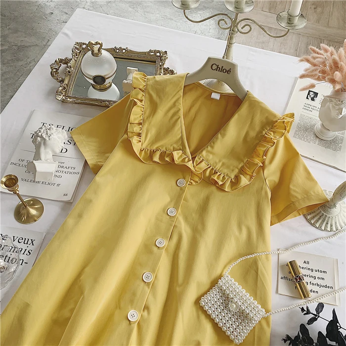 

2019 Spring and Summer Elegant Women Dress Lotus Leaf Doll Loose Dress Prairie Chic Short Sleeve Peter Pan Collar Dress