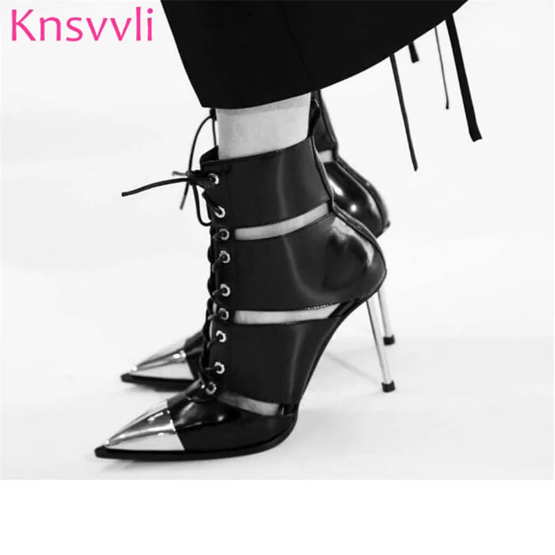 

Knsvvli New Style Metal High Heel Ankle Boots Woman Iron Toe Cut Outs Lace up Rivets Punk Boots Black Sexy Runway Shoes 2019