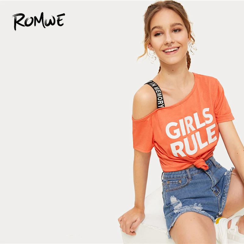 ROMWE оранжевая футболка с буквенным принтом и открытым плечом для женщин Лето вырез Асимметричный вырез короткий рукав повседневные футболки Топы