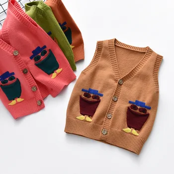 

Cartoon Baby Sweater Vest Sleeveless Deep V-Neck Children Boy Girl Button Closure Knit Outfit Cotton Soft Comfortable Kids Tops