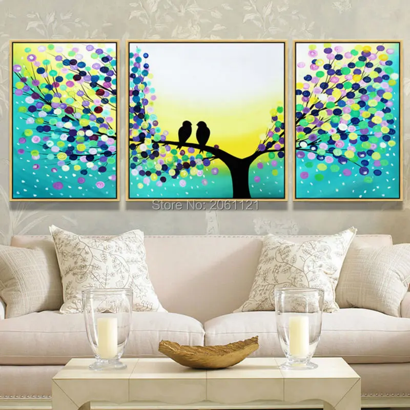 

Handmade Modern blue landscape Painting branch birds Oil painting Wall Designs Art 3 Piece Home Decor picture Set With umframed