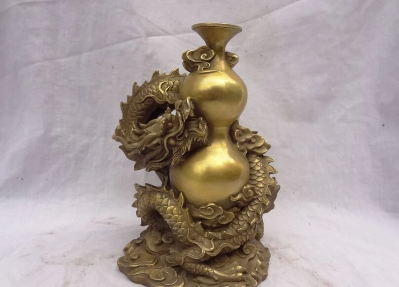 

song voge gem S2423 8" Chinese Pure Brass Decoration Cloud Fly Dragon Twining Gourd Cucurbit Statue