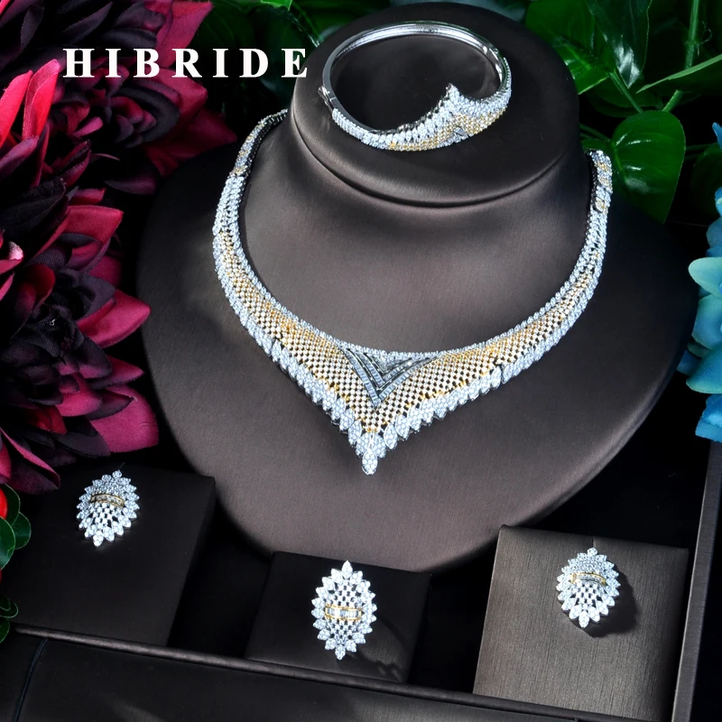 

HIBRIDE Fashion Design Luxury Double Tone Women Wedding Bridal Cubic Zirconia Necklace Dubai Dress Jewelry Set For Gifts N-852