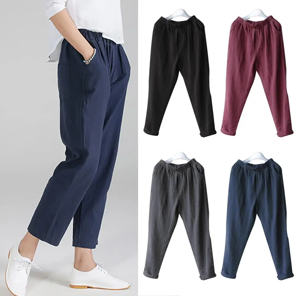 Solid Color Elastic Waist Cotton Linen Harem Pants Women Loose Casual Trousers Spring Summer -in 