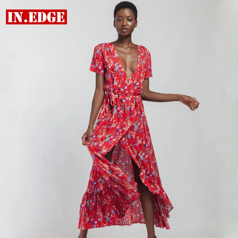 Summer Beach Long Dresses Women Flower Floral Maxi Split Elegant Dress Sexy Deep V Neck Party Evening Red Bodycon Belt | Женская одежда