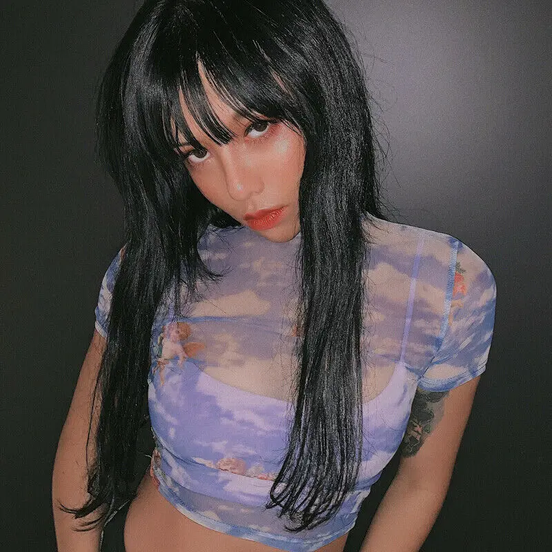 

Sexy Mesh Summer See-through Sheer Mesh Angel Print High Neck Crop Top Beach Short Sleeve Women Stretch T-shirt