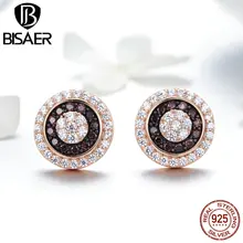 BISAER, настоящие 925 пробы, серебряные круглые серьги-гвоздики для женщин, простые маленькие серьги с цирконием, ювелирные изделия ECE509