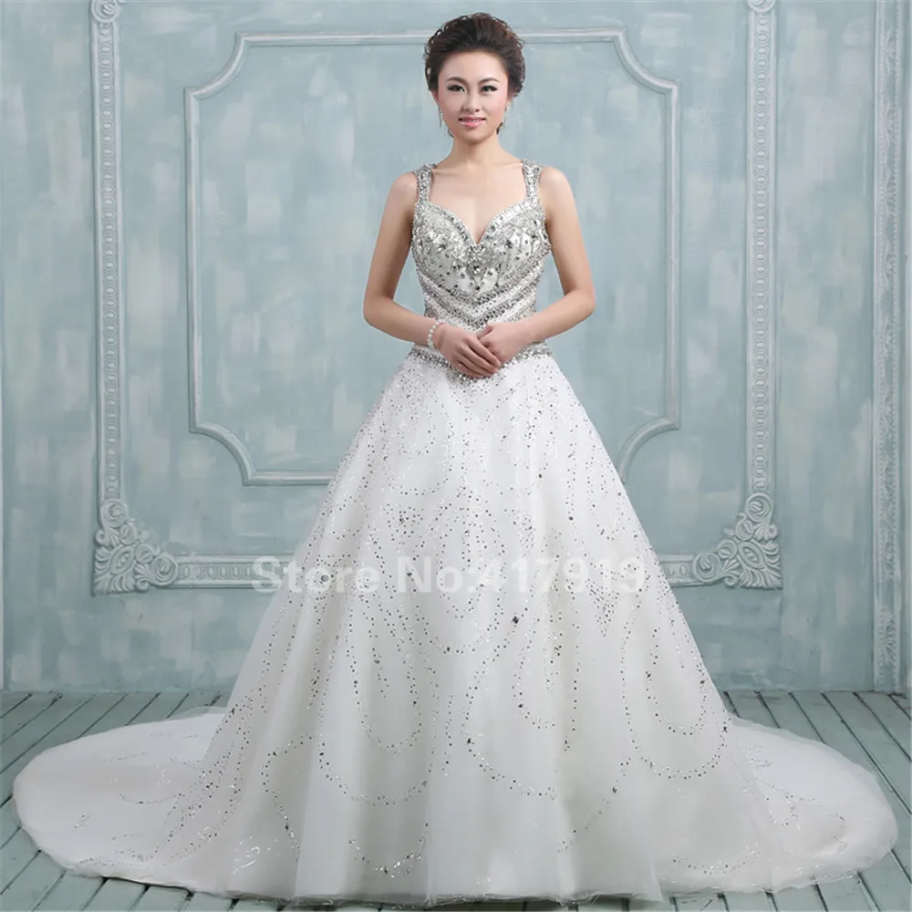 Buy Luxury Lady Wedding Dress High Quality V neck Beading Crystal Ball Gown
