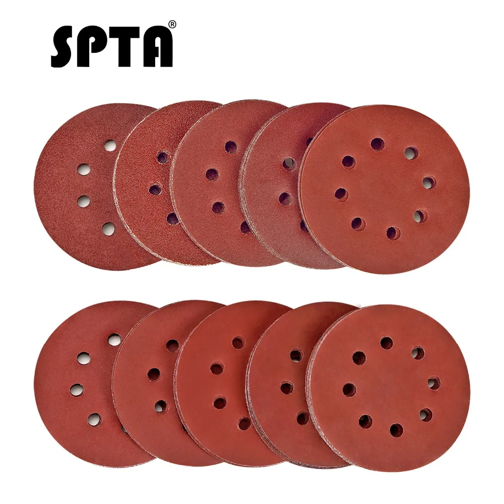 SPTA 100pcs 5inch 125mm Sanding Sand Paper 8 Hole Discs Pad Grit 40