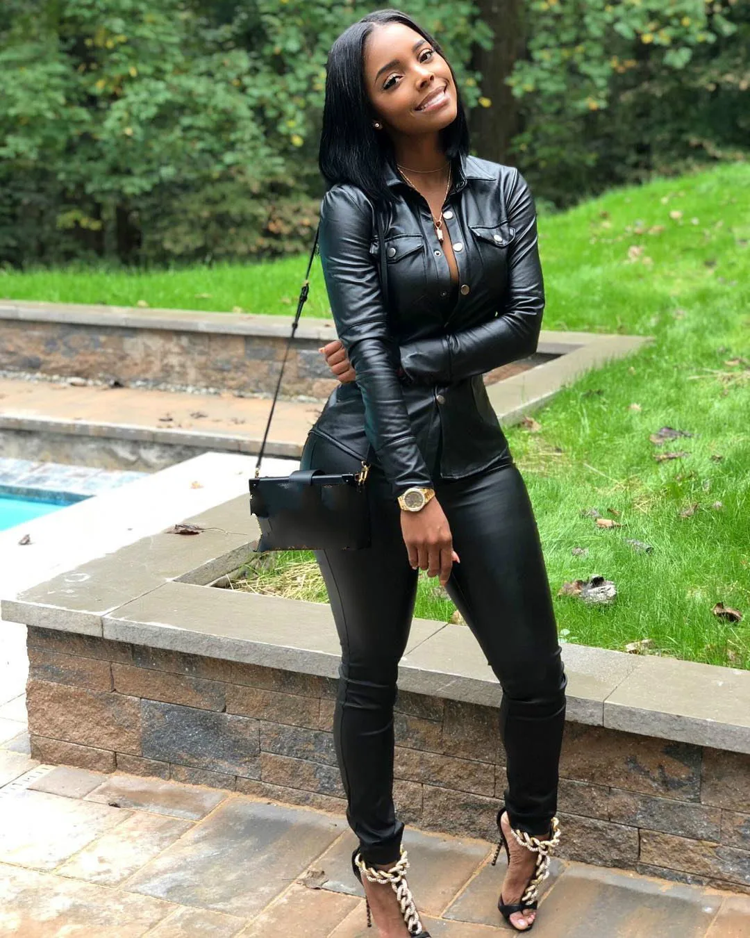 

high quality Sexy Solid Two Pieces Set PU Leather Jacket Women Turn-down Collar Pockets Long Jacket Top and Pencil Pants Outfits