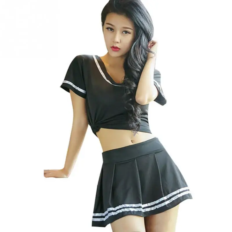 

Women erotic clothing sexy student Uniform Set striped top+Nightclub skirt School girls style Dirndl Slim black