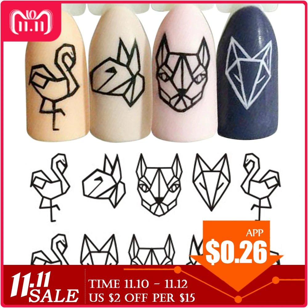 1 Sheet Water Nail Stickers Black Cartoon Animal Flamingo Fox Hollow Designs Sliders For Nail Decals DIY Manicure SASTZ651-654