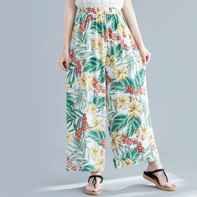 

Johnature Summer Casual Comfortable Full Length Wide Leg Pants 2019 New Print Colored Elastic Waist Plus Size Women Loose Pants