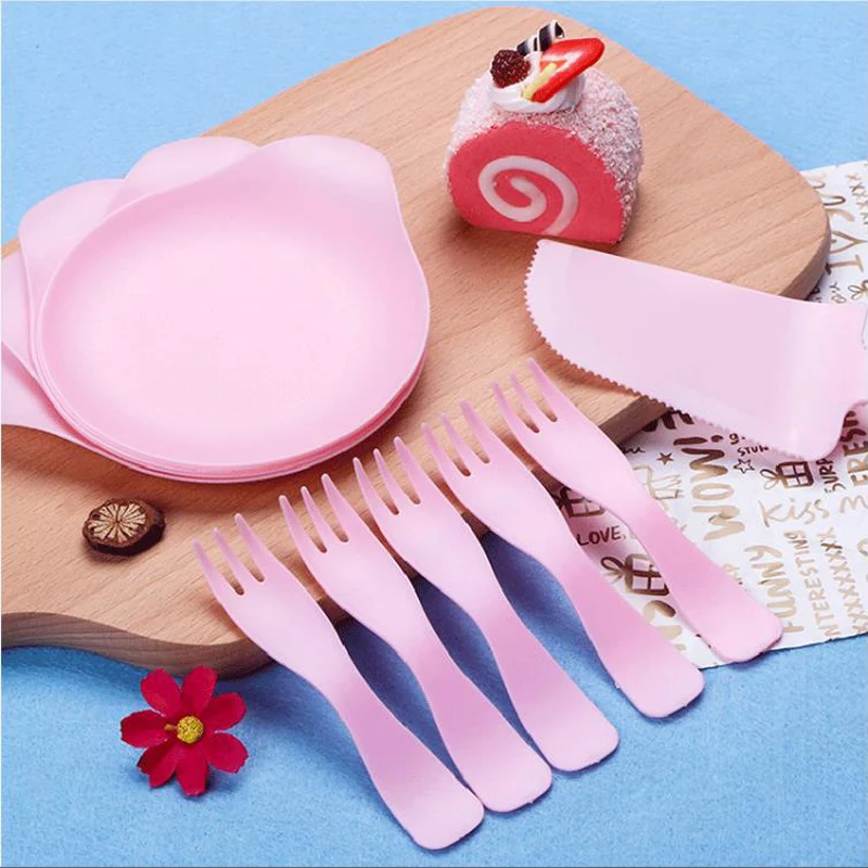 

5pcs/set Plastic Cake Plate + Fork + Cutter Rainbow Unicorn Pastel Color Birthday Party Table Decor Pink Blue
