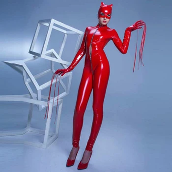 

Catwoman Jumpsuit Faux Leather Cat Girl Bodycon Bodysuit Sexy Cat Eyes/Great Elastic Glitter PU Leather Catsuit With Long Paws