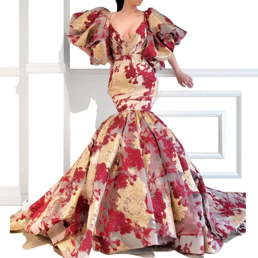 Новейшее арабское модное платье русалки знаменитостей с золотыми и бордовыми аппликациями сексуальное вечернее платье с v-образным вырезом на заказ
