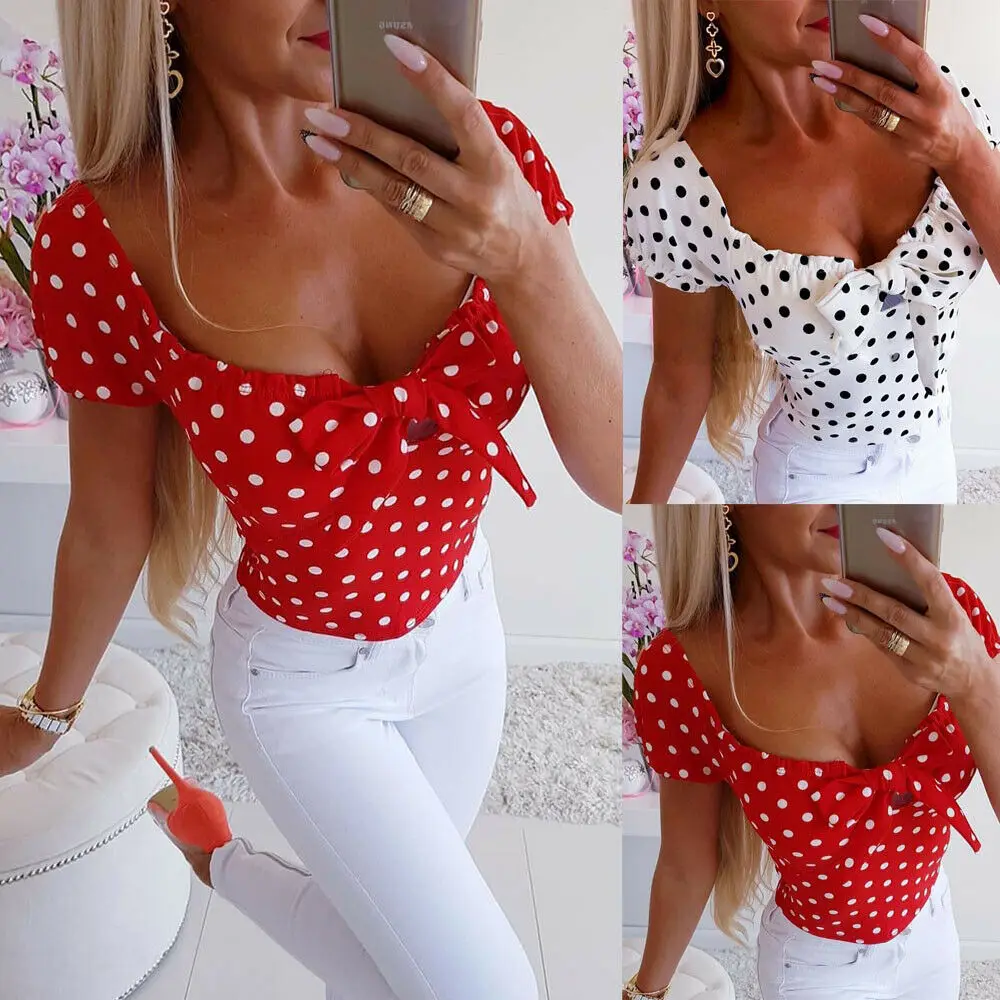 

Fashion Boho Women Dot Print Slimmer Skinny Daily Shirts New Design Short Sleeve Off Shoulder Ladies Summer Casual Tops Blouse