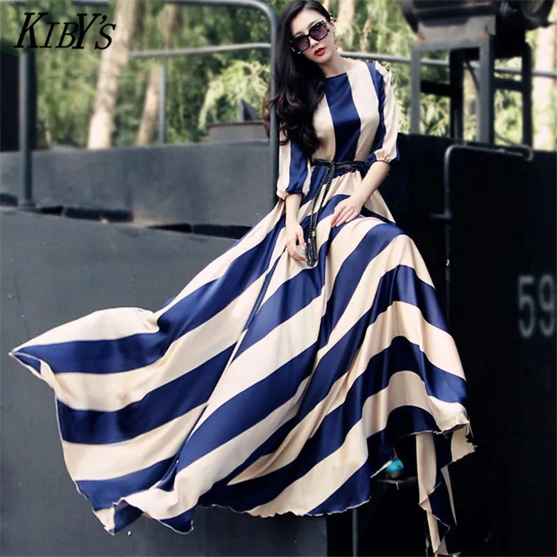 

2018 Europe and the United States stripe long chiffon dress Large towed dress Large yard women's dress S-3XL