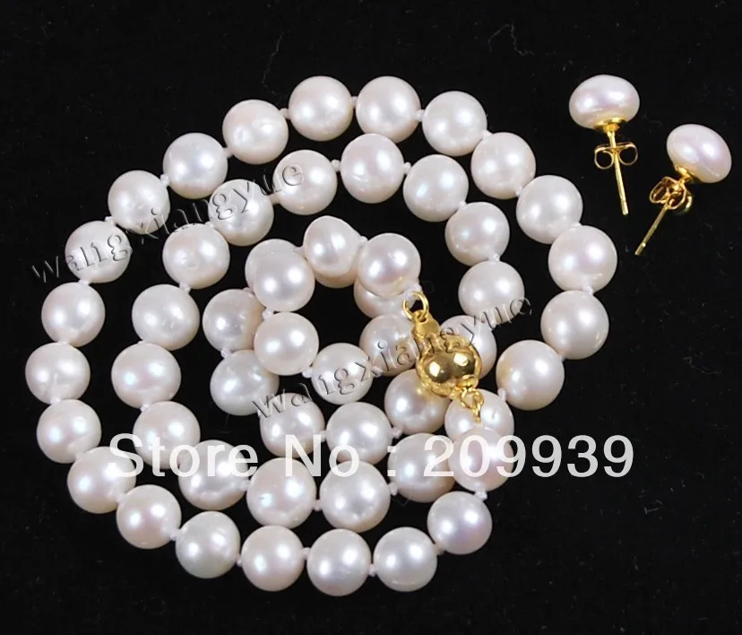 

huij 001854 8-9MM White Akoya Cultured Pearl necklace earrings set + 14K GP clasp