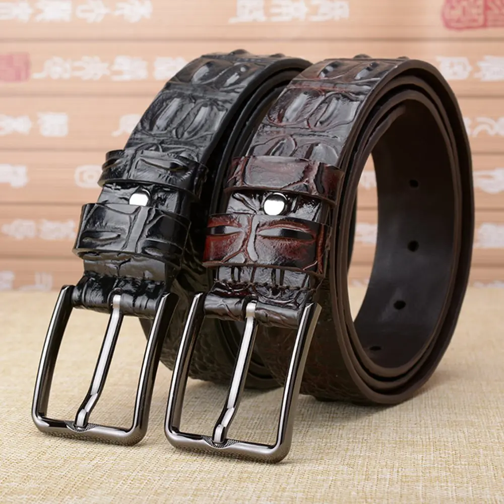 

High Quality Crocordile Skin Shap Genuine Leather Belt Mens Black Pin Buckle Causal Jeans Strap 3D Cow Leather Male Belts Waist