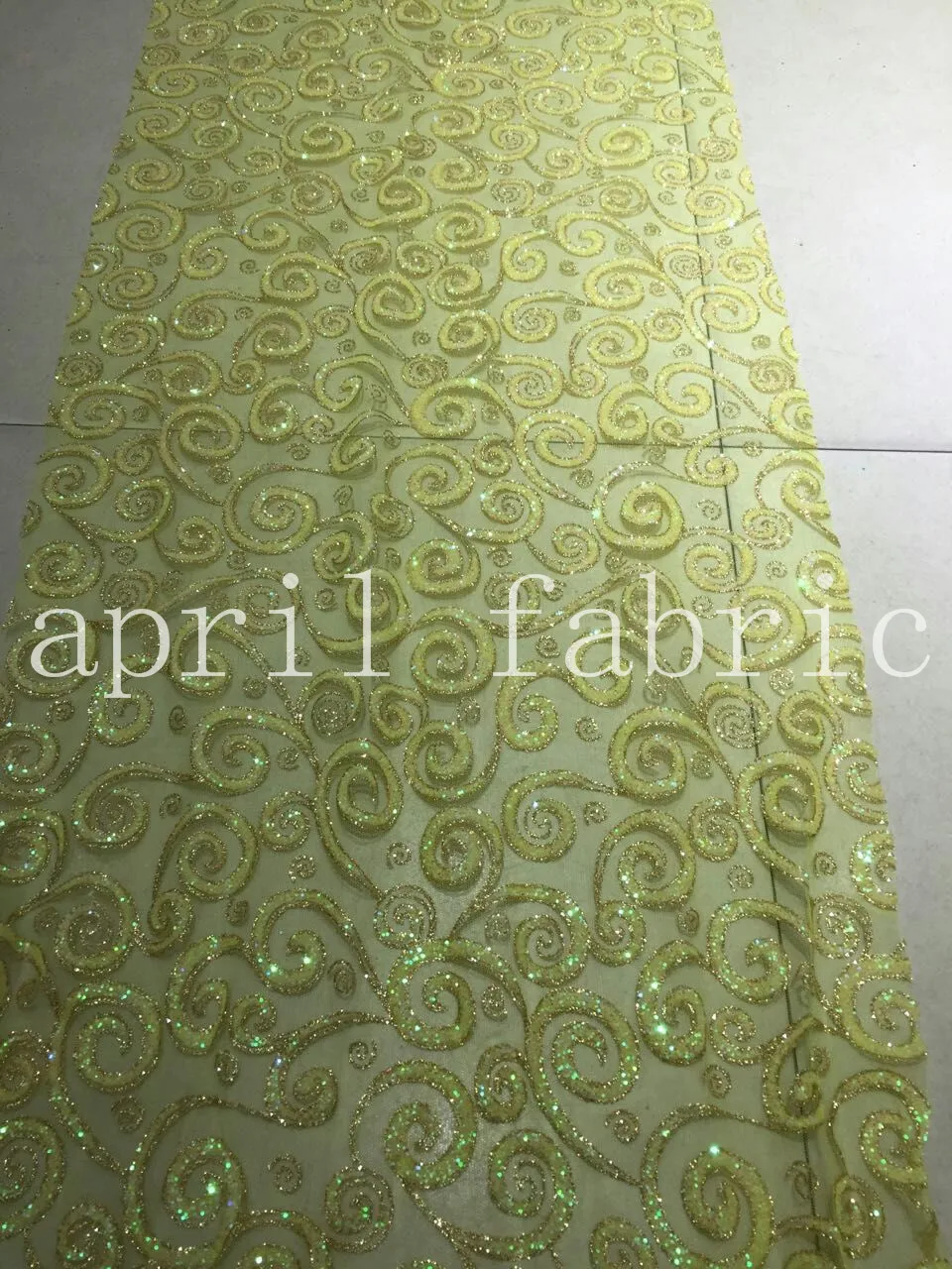

5yards HLL922 lemon yellow hand print glitter african india lace fabric for wedding dress/evening ,ship by dhl