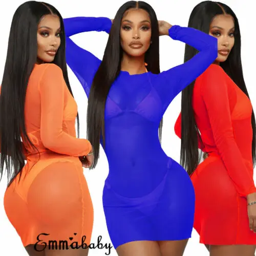 

2019 Women's Sheer Mesh Cover Up Swimwear Swimsuit Bathing Summer Beach Dress See-through Suit One Piece Sexy Soft Swimsuits