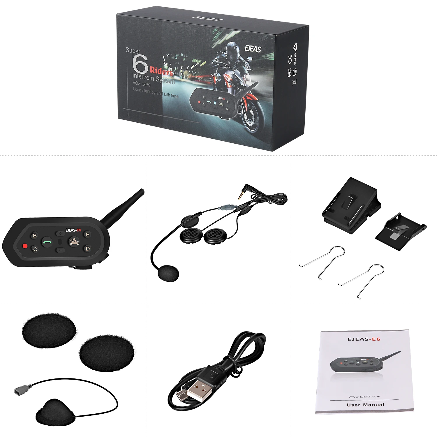 

2019 E6 Intercom Helmet Bluetooth Headset Motorcycle Comunicador walkie talkie Speaker for 6 Riders IP65 MP3 GPS Interphone