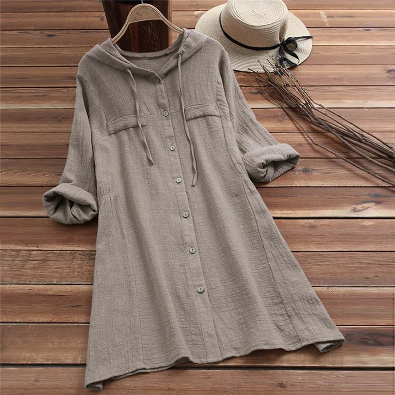 New Fashion Summer Women Brief Casual Daily Hooded Pocket Loose Blouse Button Plus Size Cotton T-Shirt Top #4F01  (18)