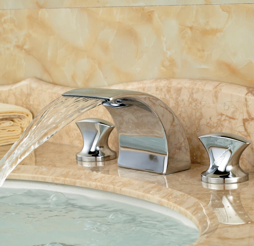 Widespread Waterfall Vessel Sink Basin Faucet Dual Handles Deck Mount Bathroom Mixer Water Tap Chrome Finish