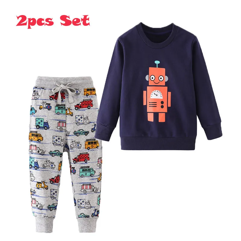 Jumping meter/комплекты одежды с длинными рукавами для малышей; хлопковые костюмы с героями мультфильмов для мальчиков и девочек; Лидер продаж; спортивные рубашки+ брюки - Цвет: T90197016 NAVY GREY