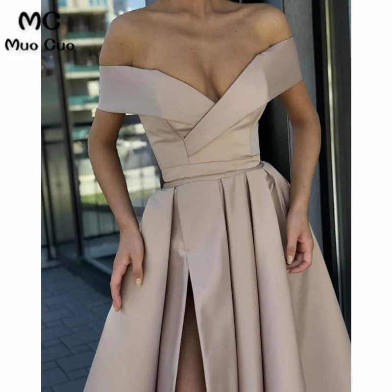 Long Satin V-neck Prom Dresses Leg Slit Evening Dress Off Shoulder43