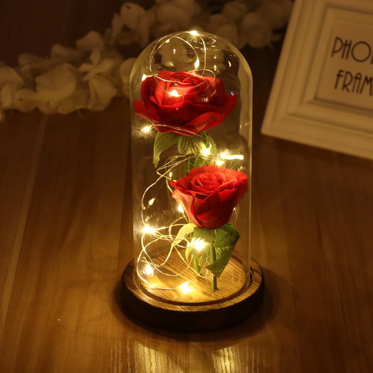 Red Silk Rose And Led Light In A Glass Dome On A Wooden Base For