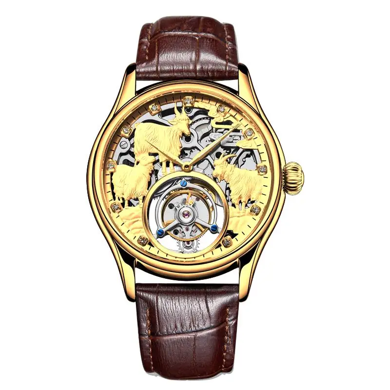 

Switzerland Real Tourbillon Watch men's skeleton mechanical watch hollow waterproof trend luminous Chinese sheep gold