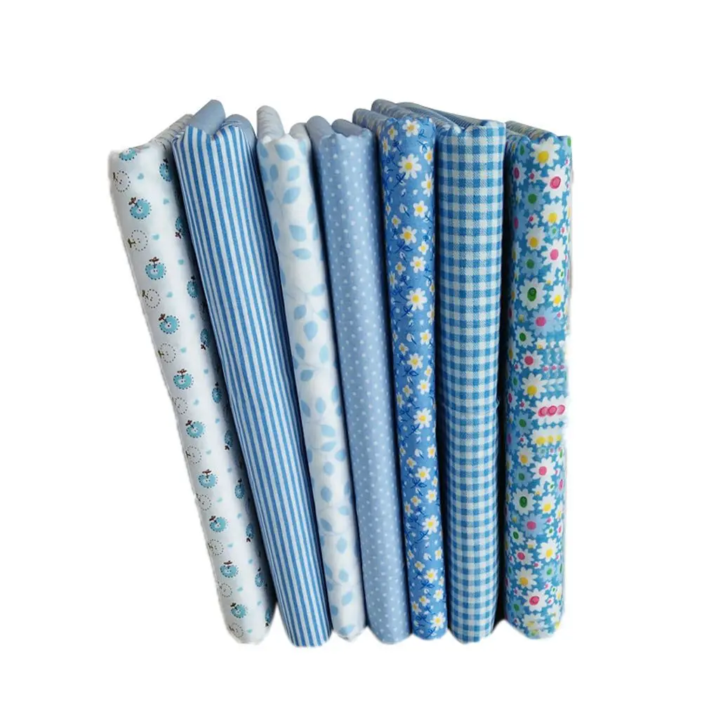 7pcs Blue Series Cotton Apparel Fabric Flower Floral Pattern Sewing
