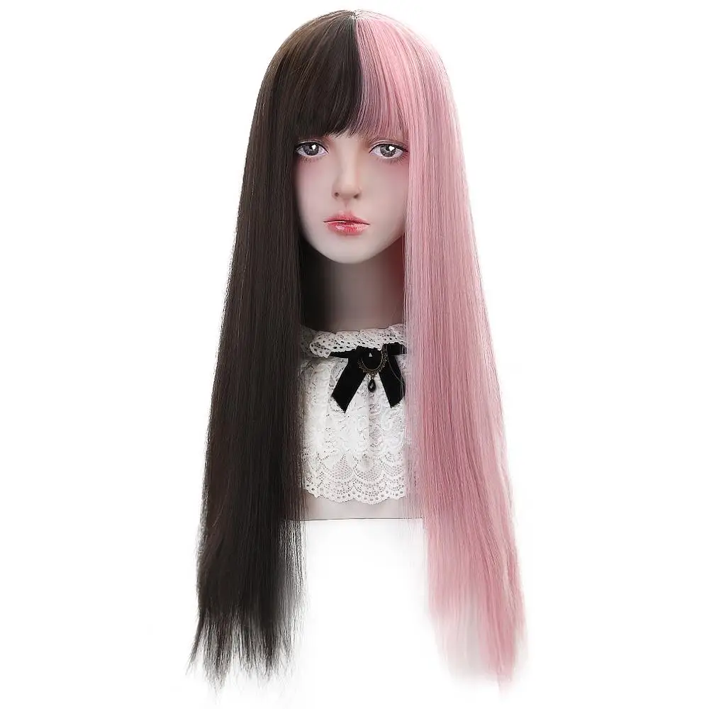 

26"Synthetic Lolita Wigs With Bangs Black Pink & Violet Pink Middle Part Long Straight Hair Custom Party Cosplay Wigs For Women