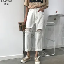 GUUZYUVIZ размера плюс высокая талия отверстие женские джинсы летние повседневные хлопковые черные белые потертые рваные джинсы винтажные брюки