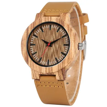 

Coffee Wave Stripes Wooden Watch Men's Clock Quartz Movement Brown Genuine Leather Casual Mens Watches Top Luxury Item reloj