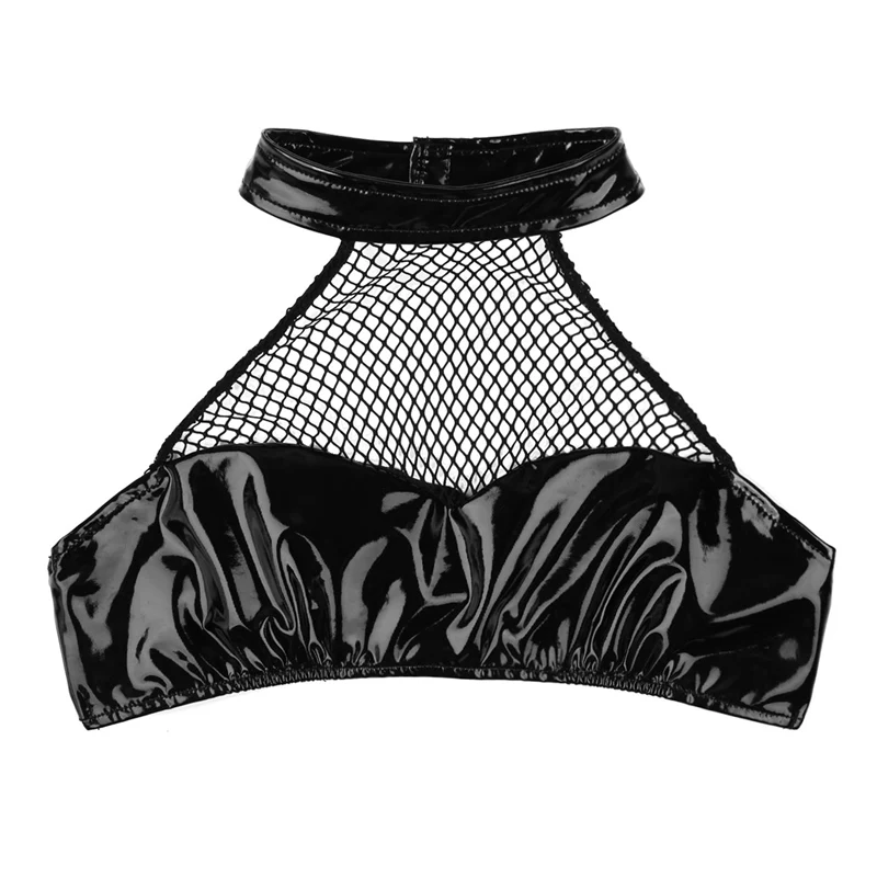 YiZYiF женские пикантные сетчатые топы с бретельками на шее укороченный топ на бретельках без спинки сексуальное женское белье в сеточку из искусственной кожи без косточек