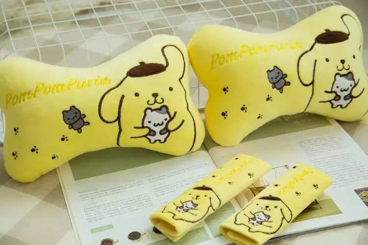 

1 pair 27cm pudding dog Pom Pom Purin plush car bone neck pillow safety belt cover novelty kids romantic stuffed toy