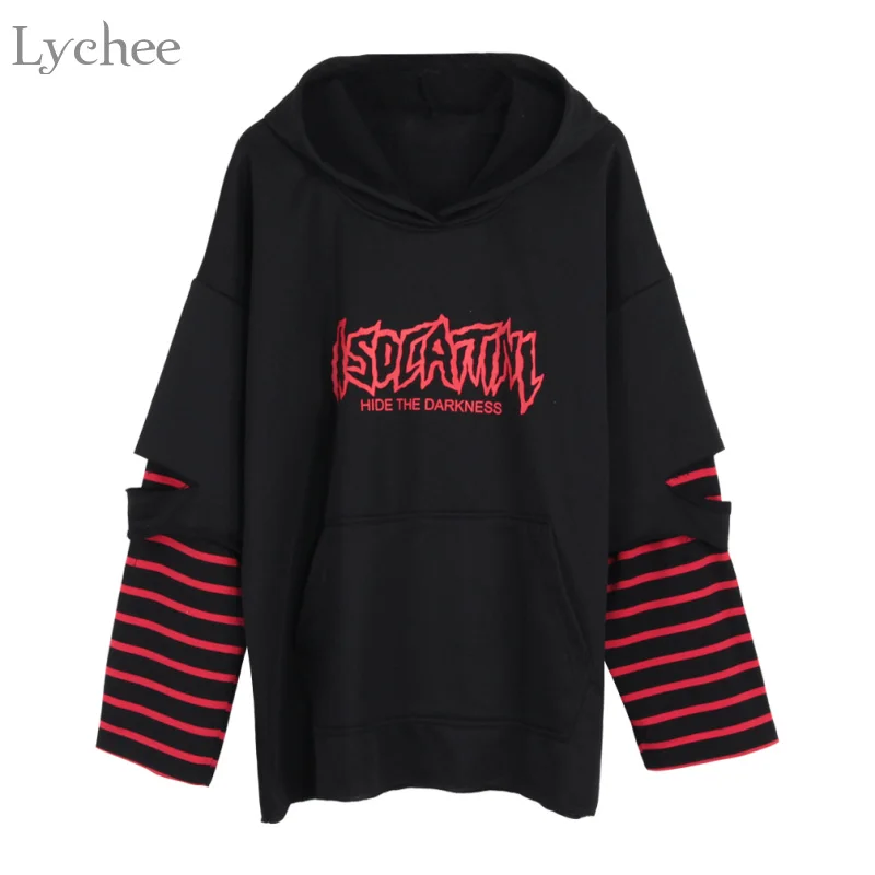 Lychee Harajuku Punk Hooded Sweatshirt Stripe Patchwork Hole Long Sleeve Hoodies Casual Loose Streetwear Tracksuit
