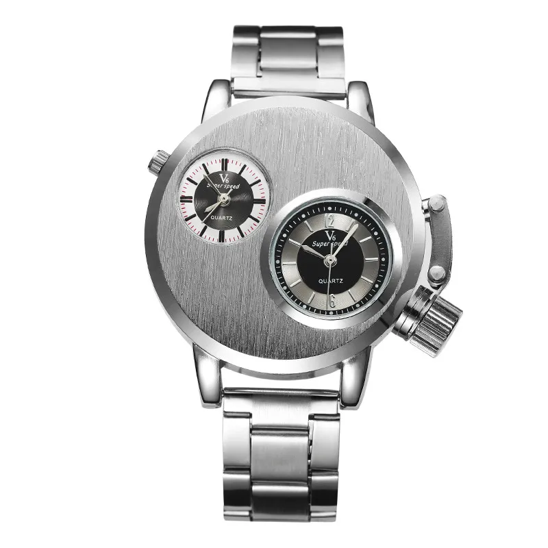 V6 часы с двумя часовыми поясами из серебристой стали Мужские Спортивные кварцевые часы Уникальный роскошный дизайн мужские повседневные наручные часы relogio masculino - Цвет: Серебристый