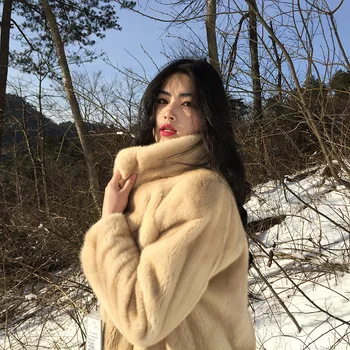 

2019 new mink fur coat women's full length long suede jacket warm outdoor white long sleeve no hat long fur collar discount