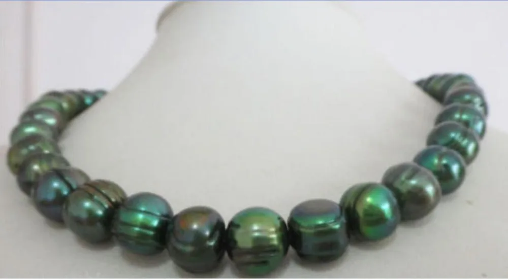 

Hot selling free shipping******* natural 11-12mm tahitian baroque peacock green pearl necklace 17" 14KGP YELLOW CLA