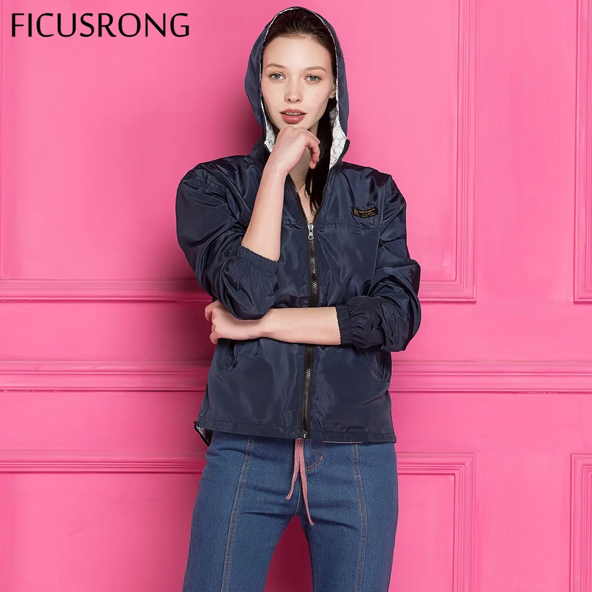 FICUSRONG 2018 New Autumn Women Bomber Basic Jacket Pocket Zipper Hooded Two Side Wear Cartoon Print Outwear Navy Loose Coat