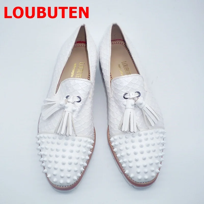 LOUBUTEN White Snakeskin Pattern Genuine Leather Tassel Loafers Slip On Men Dress Shoes Luxury Rivets Casual Shoes