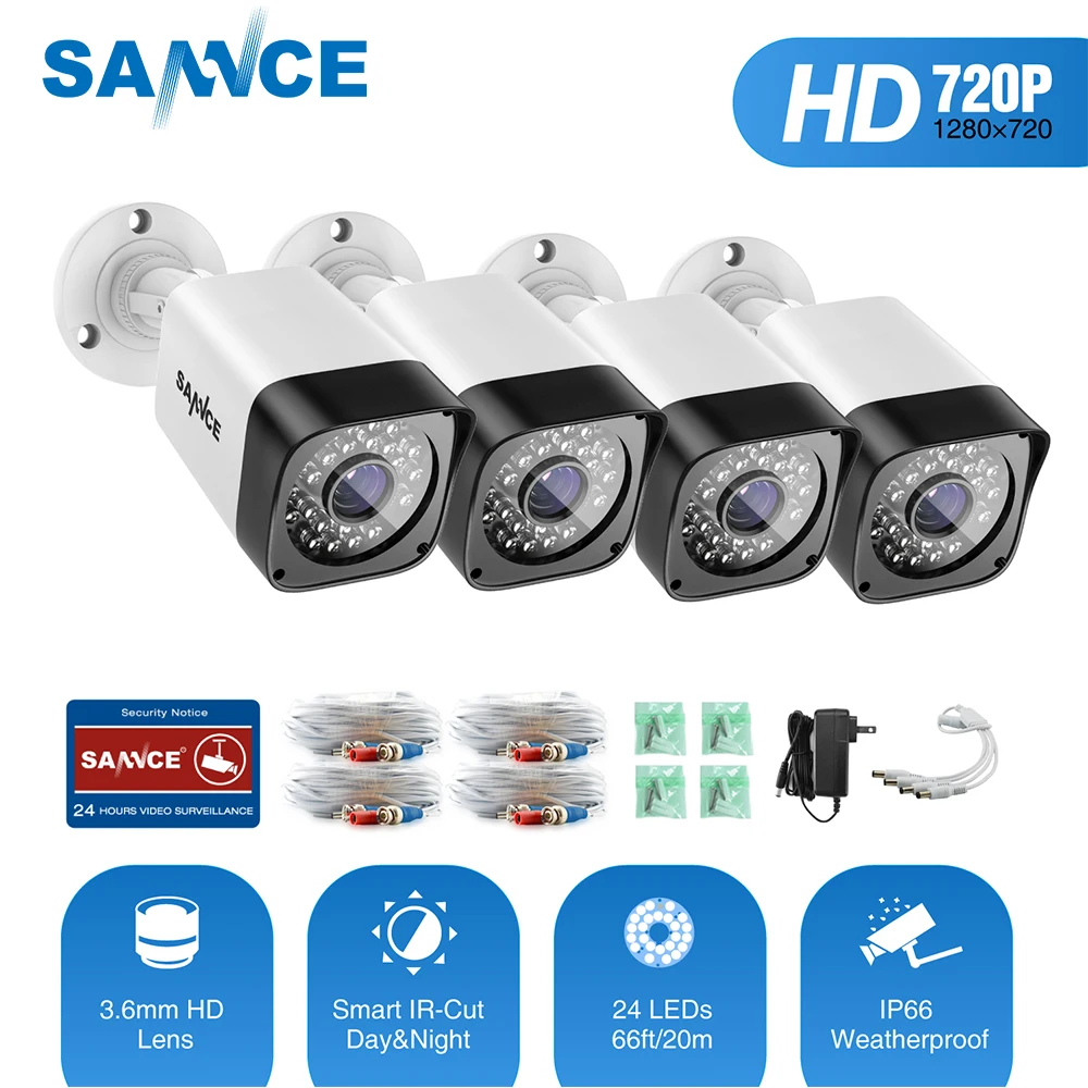 SANNCE TVI 720P 4 шт 1200TVL Bullet CCTV камера набор 1.0MP Водонепроницаемая ИК-камера ночного видения для системы наблюдения комплект BW