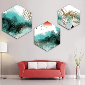 

Watercolor Abstract Water Village Scenery Pictures Wall Canvas Art Prints Forest Painting Nordic Hexagon Poster Home Decor Study