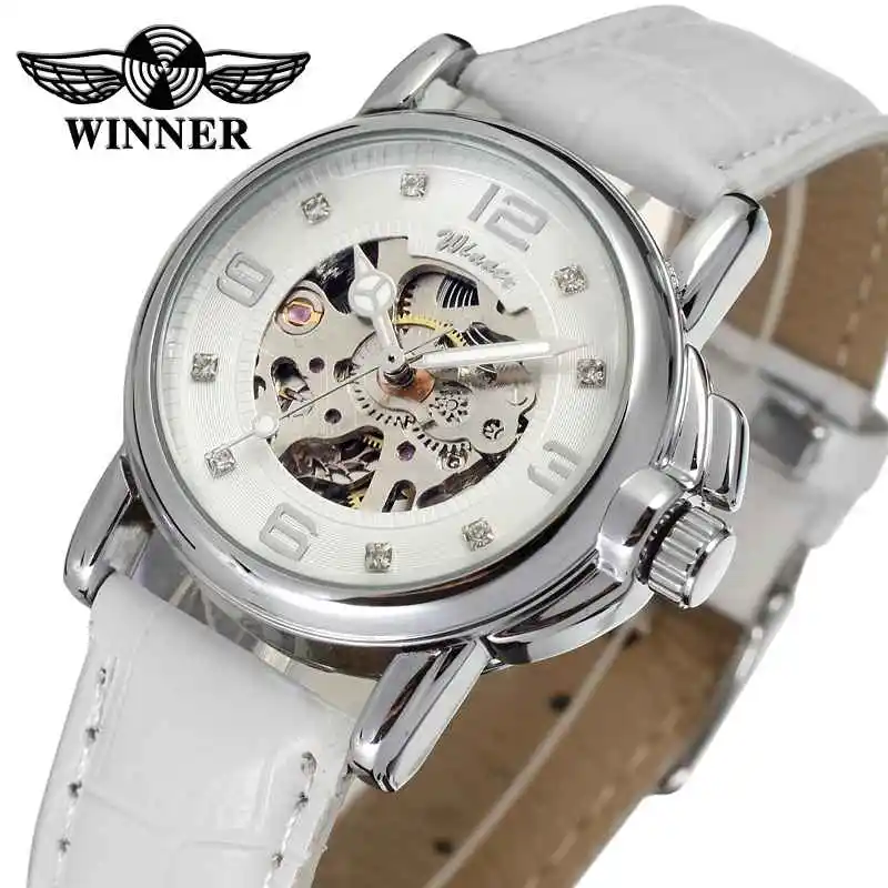 Победитель Женская Мода Авто механические часы белый кожаный ремешок кристалл украшение Скелет циферблат лучший бренд дамы наручные часы